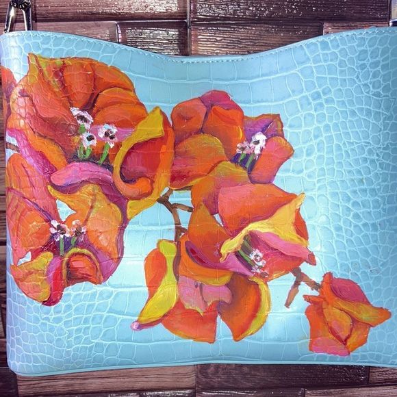 Womens Charles & Keith Shoulder Bag Teal w/ Hand Painted Flowers - Picture 10 of 13